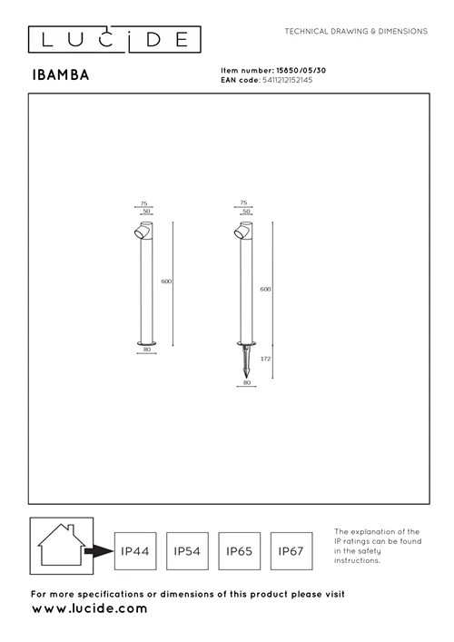 Lucide IBAMBA - Pollerleuchte - LED - 1x6W 3000K - IP65 - Schwarz - technisch